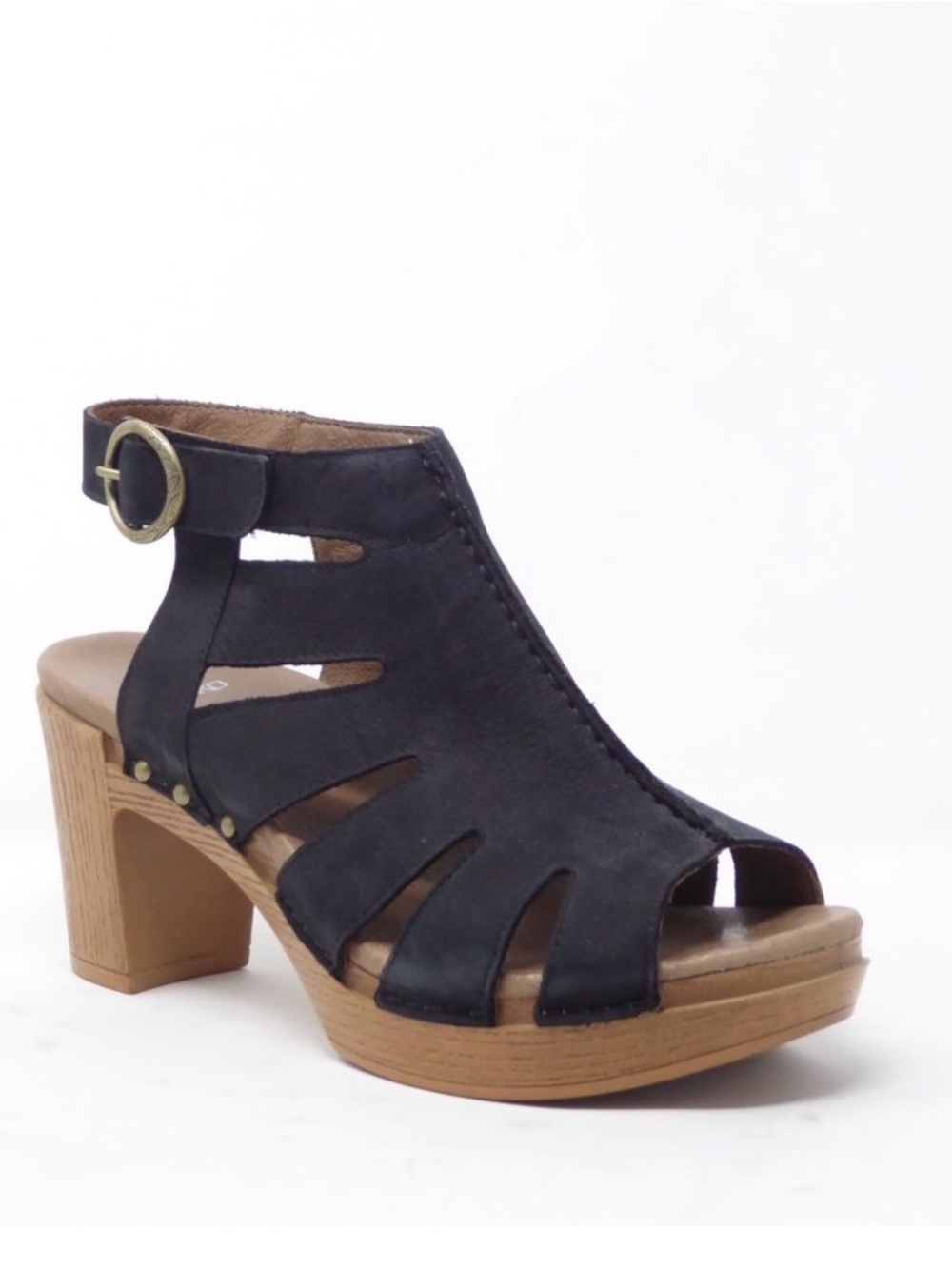 Dansko Demetra Black Cutout Block Heel Sandal with Wood-Tone Platform